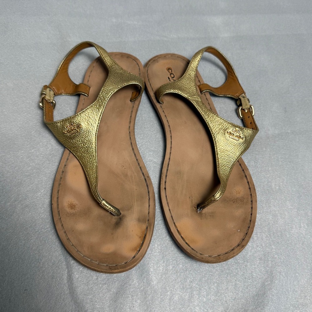 Coach Cheyanne Metallic Gold Textured Leather Thong Sandals G3161 Womens 6B